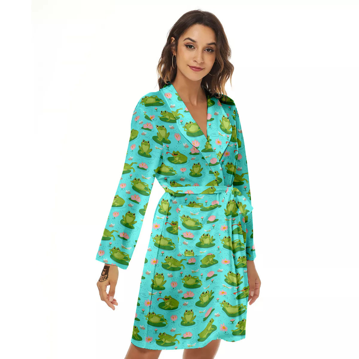 Water Lilies And Frogs Print Pattern Women's Robe-grizzshop