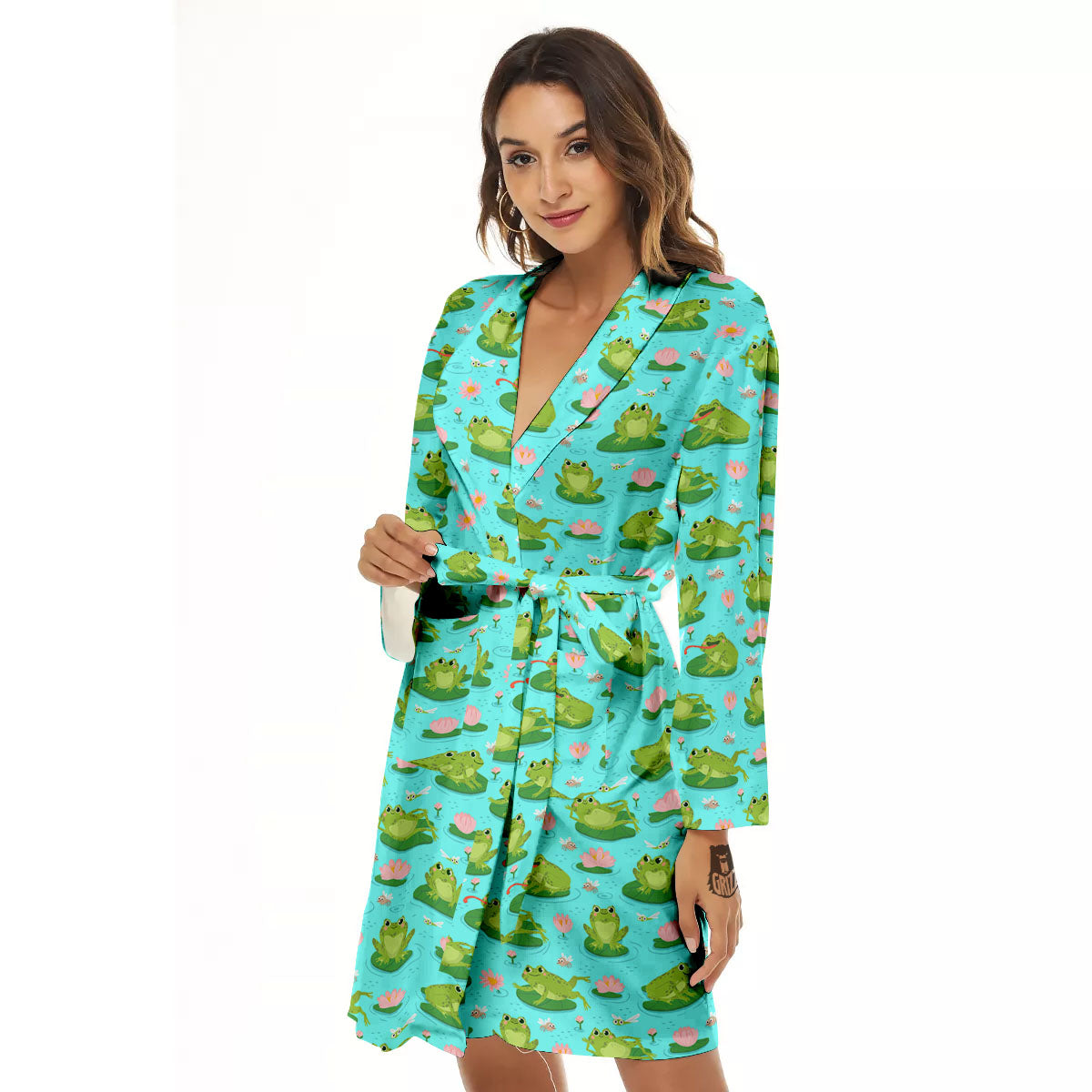 Water Lilies And Frogs Print Pattern Women's Robe-grizzshop