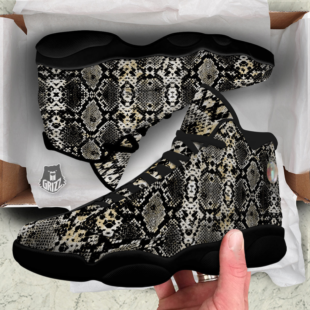 Watercolor Abstract Snake Animal Skin Print Black Basketball Shoes-grizzshop
