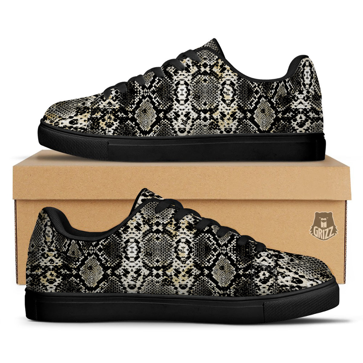Watercolor Abstract Snake Animal Skin Print Black Low Top Sneakers-grizzshop