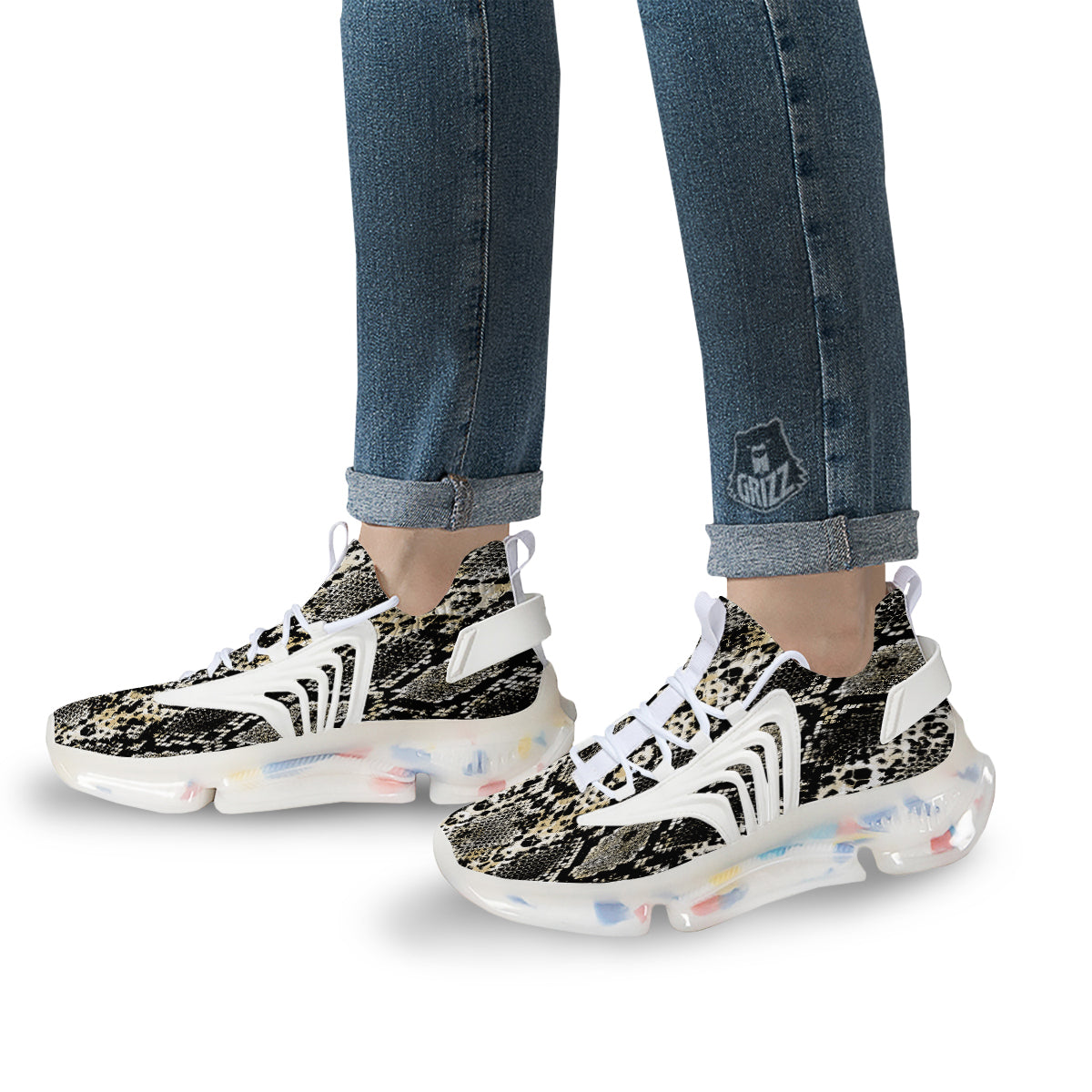 Watercolor Abstract Snake Animal Skin Print White Gym Shoes-grizzshop