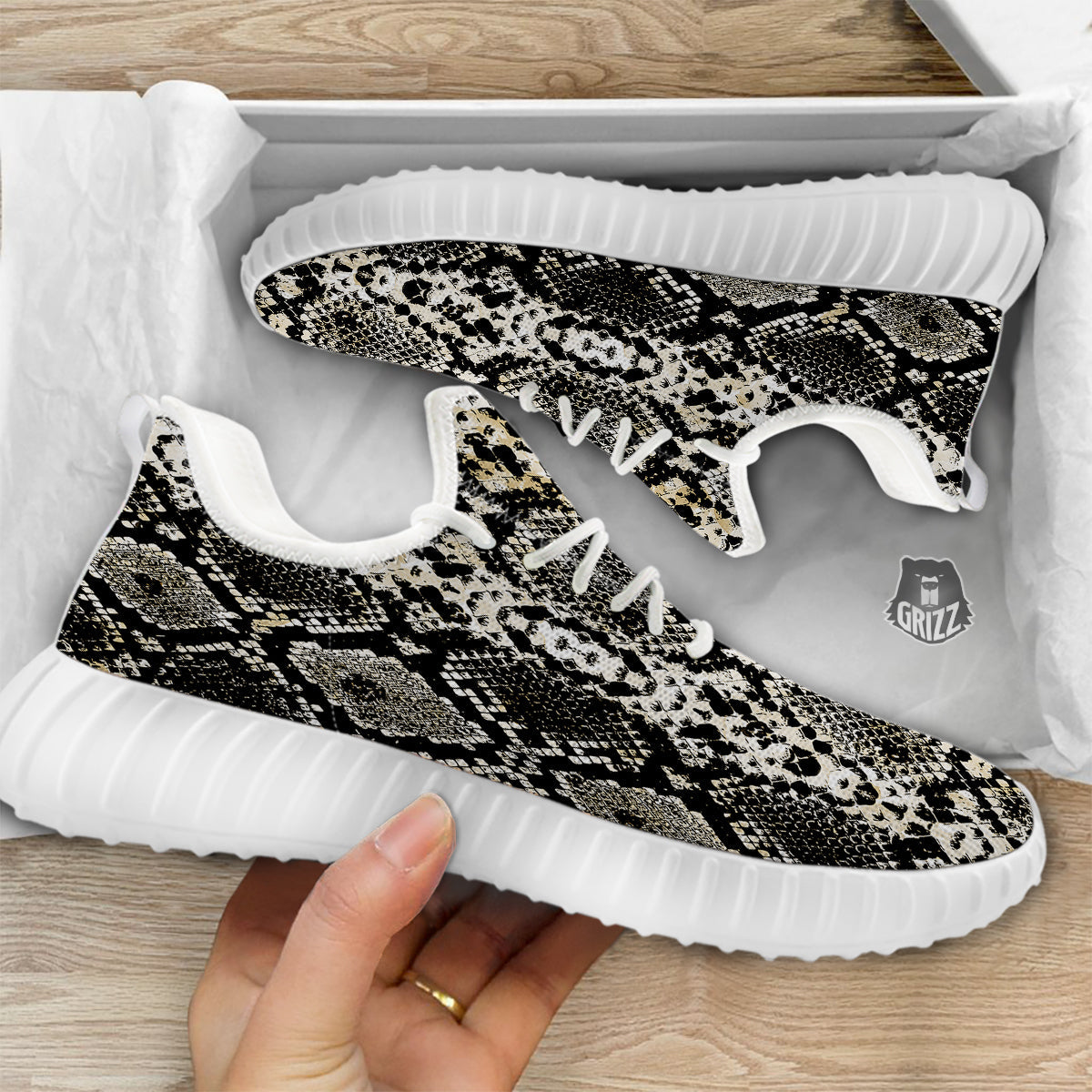 Watercolor Abstract Snake Animal Skin Print White Walking Shoes-grizzshop