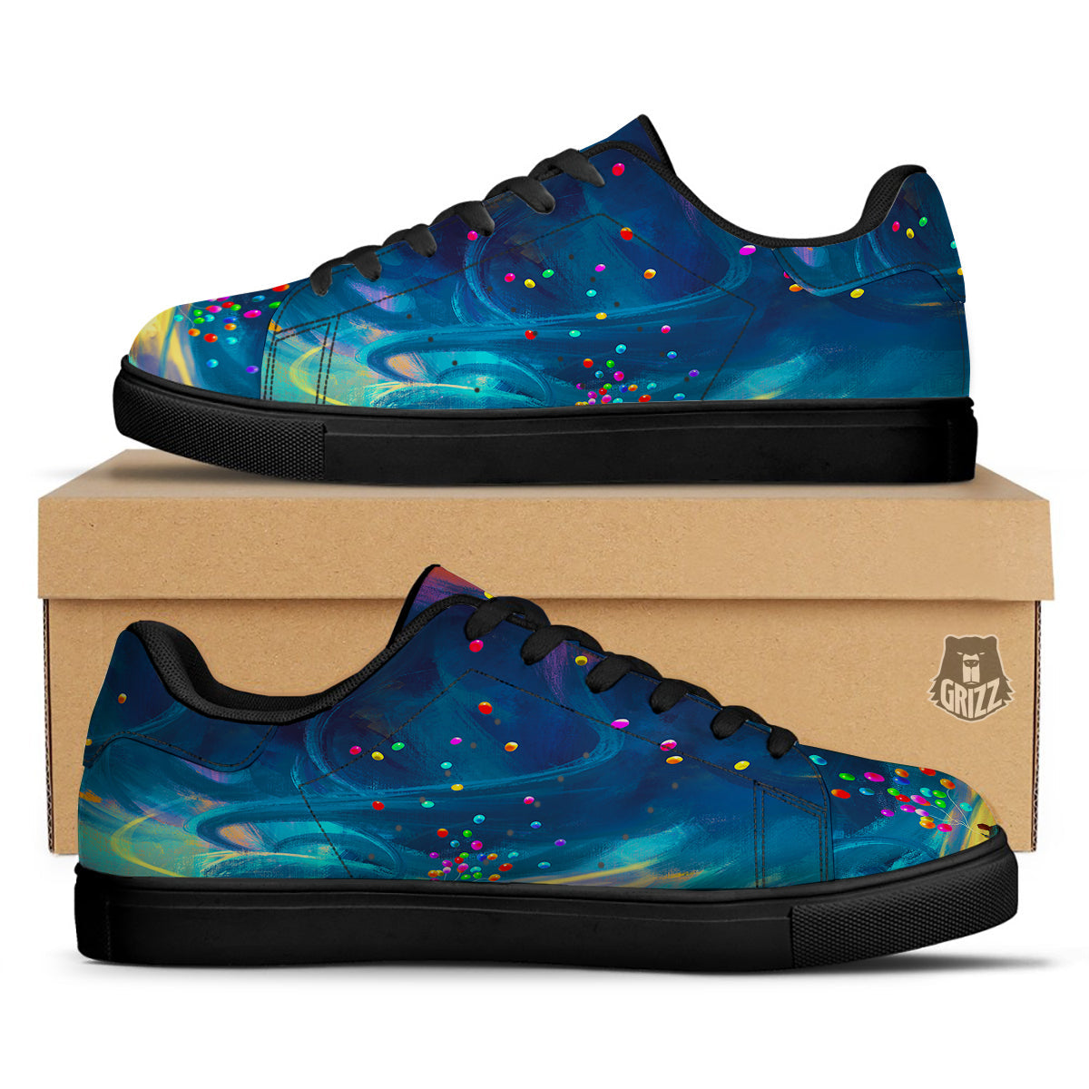 Watercolor Balloons And Storm Print Black Low Top Sneakers-grizzshop