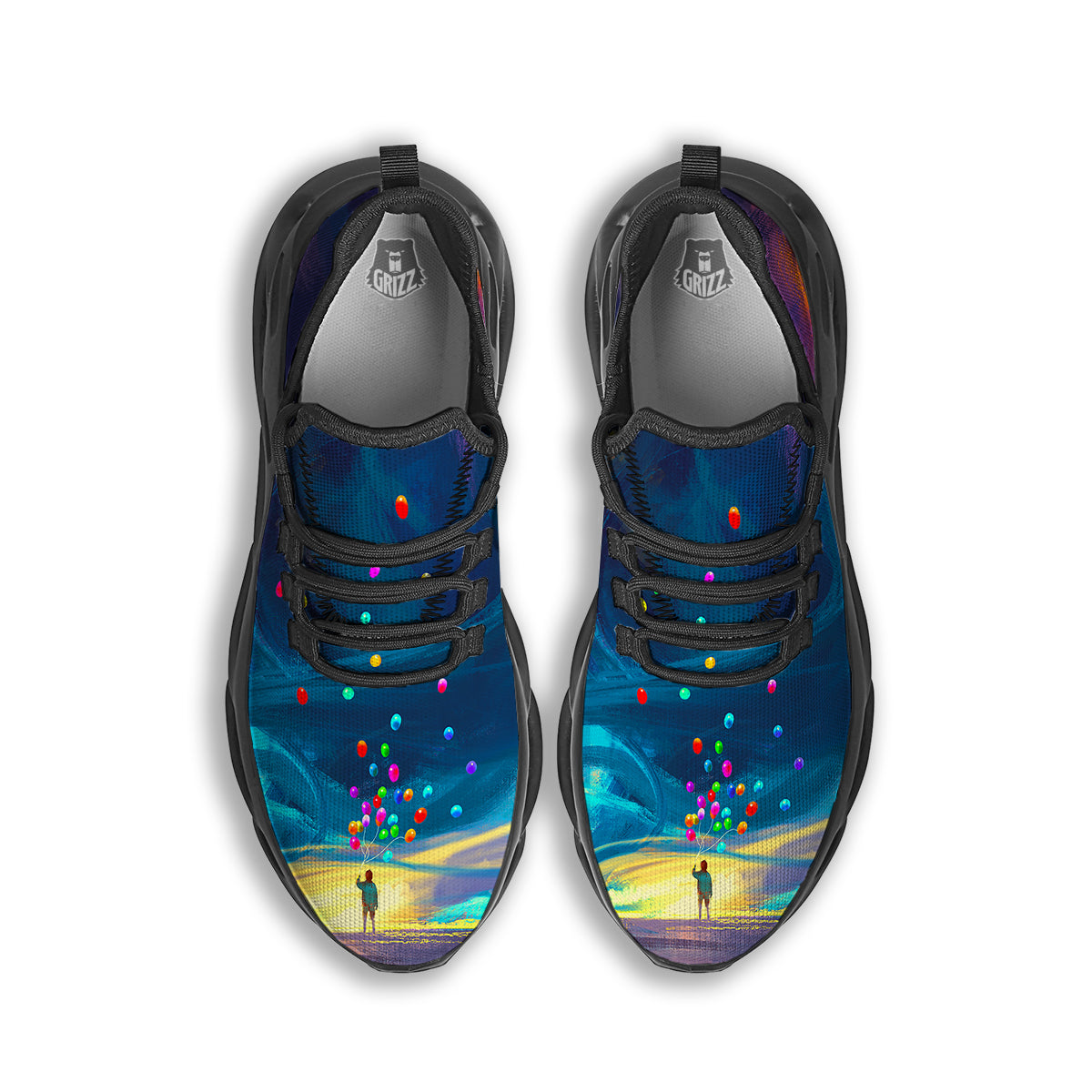 Watercolor Balloons And Storm Print Black Running Shoes-grizzshop