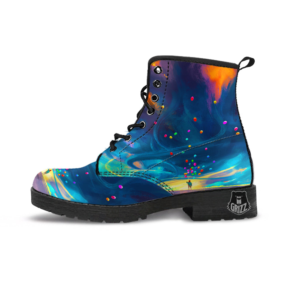 Watercolor Balloons And Storm Print Leather Boots-grizzshop