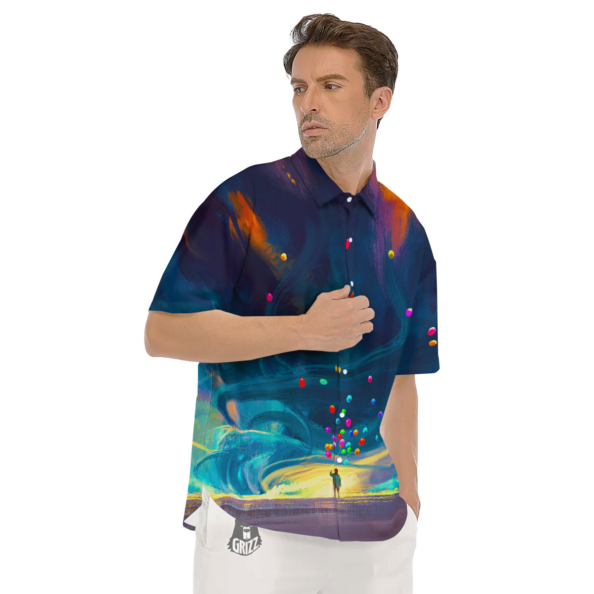 Watercolor Balloons And Storm Print Men's Short Sleeve Shirts-grizzshop