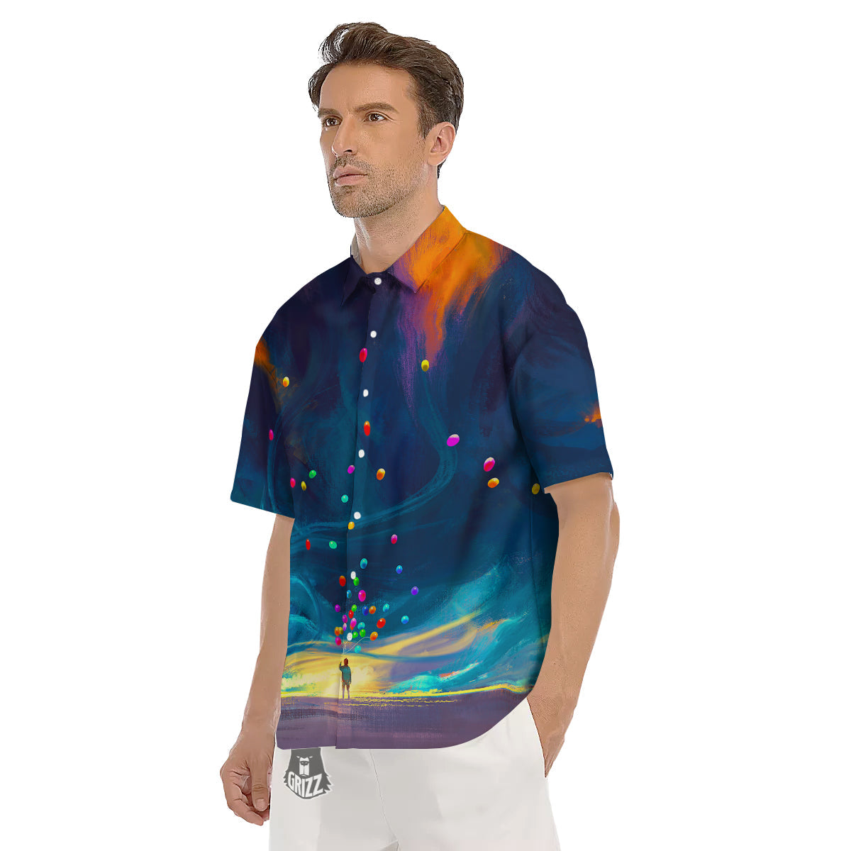 Watercolor Balloons And Storm Print Men's Short Sleeve Shirts-grizzshop