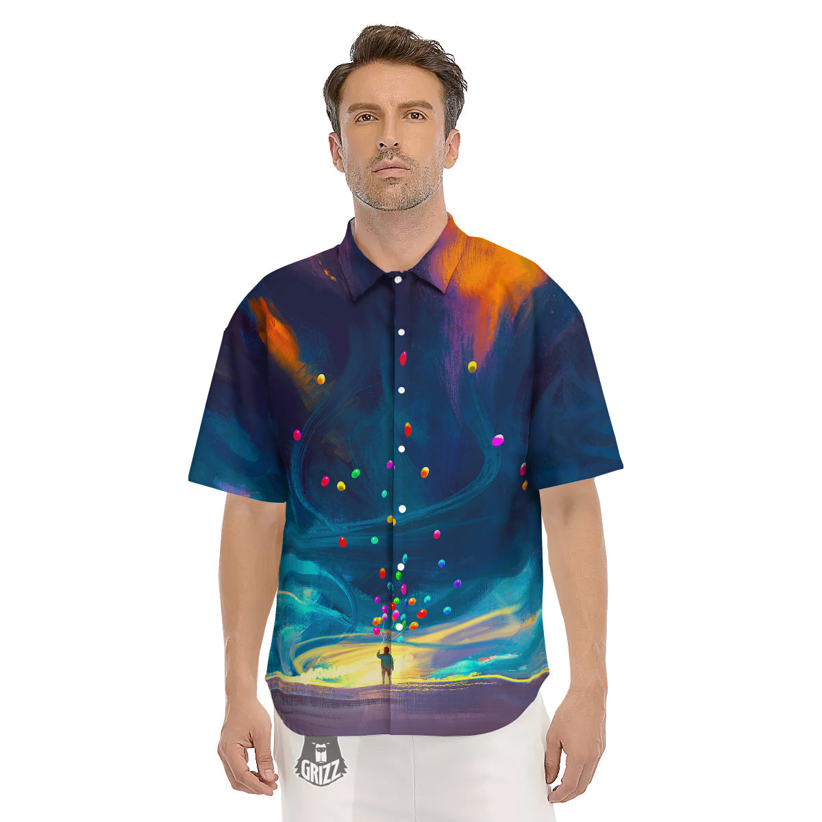 Watercolor Balloons And Storm Print Men's Short Sleeve Shirts-grizzshop