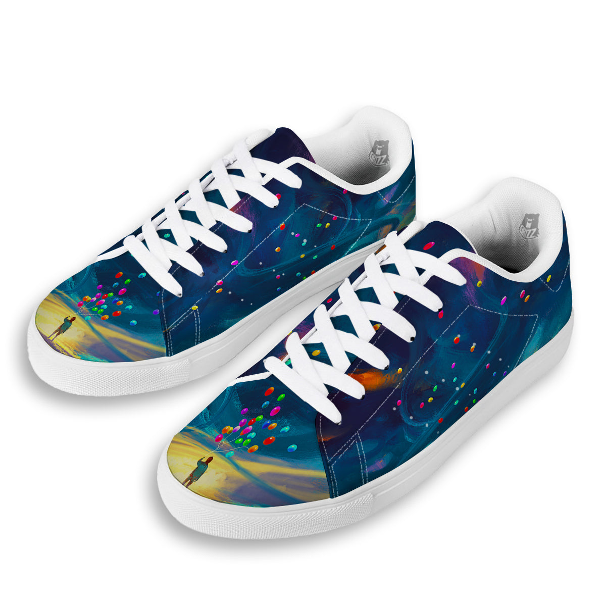 Watercolor Balloons And Storm Print White Low Top Sneakers-grizzshop