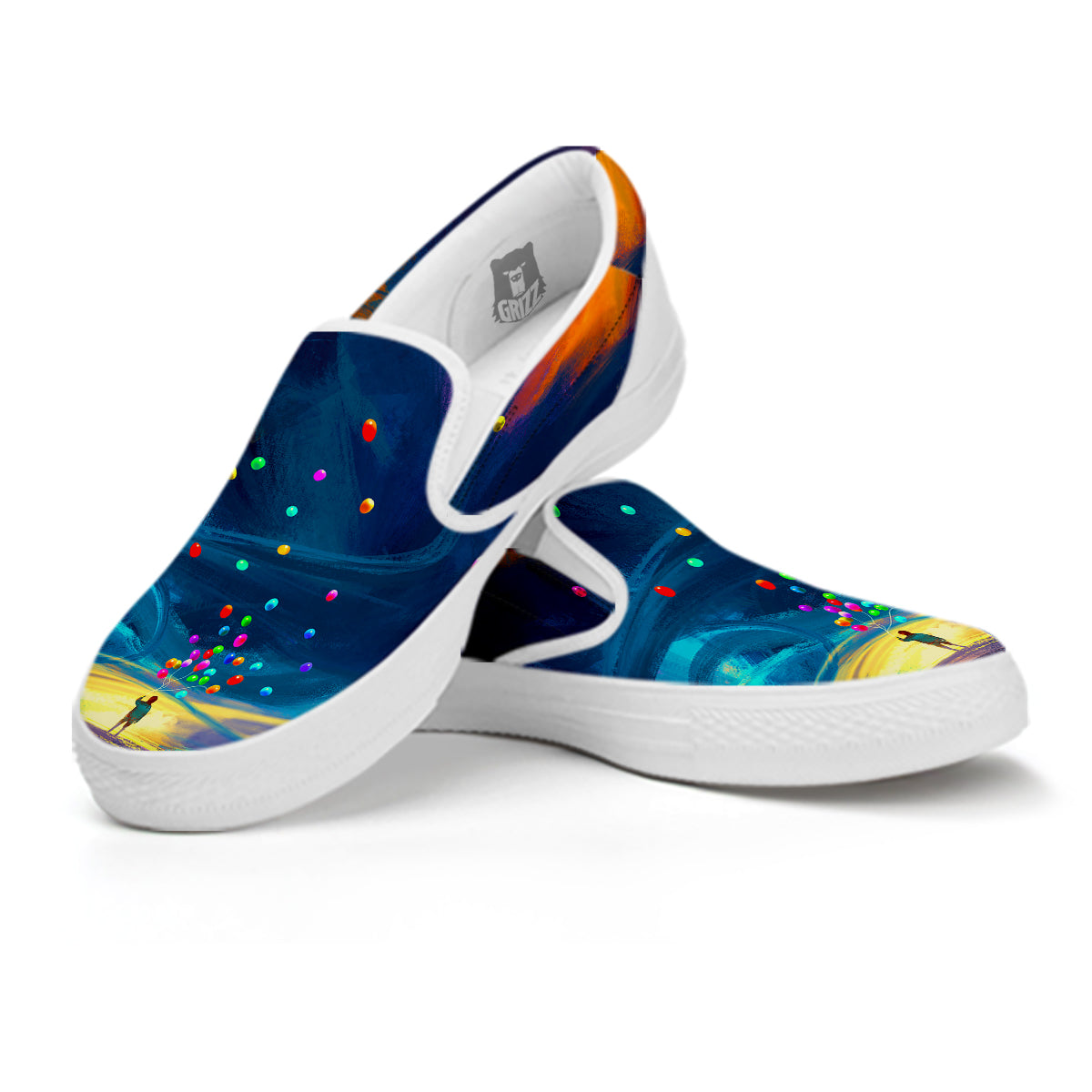 Watercolor Balloons And Storm Print White Slip On Shoes-grizzshop