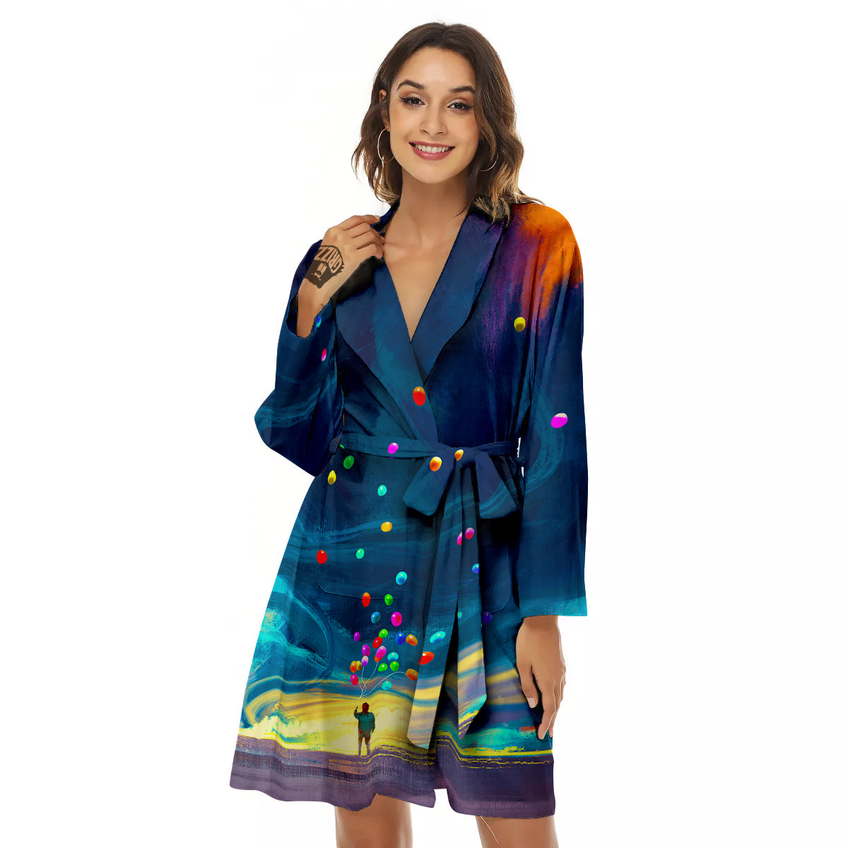 Watercolor Balloons And Storm Print Women's Robe-grizzshop