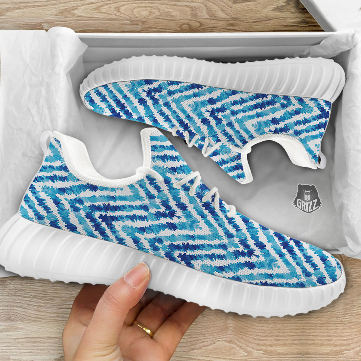 Watercolor Blue Zigzag Print Pattern White Walking Shoes-grizzshop