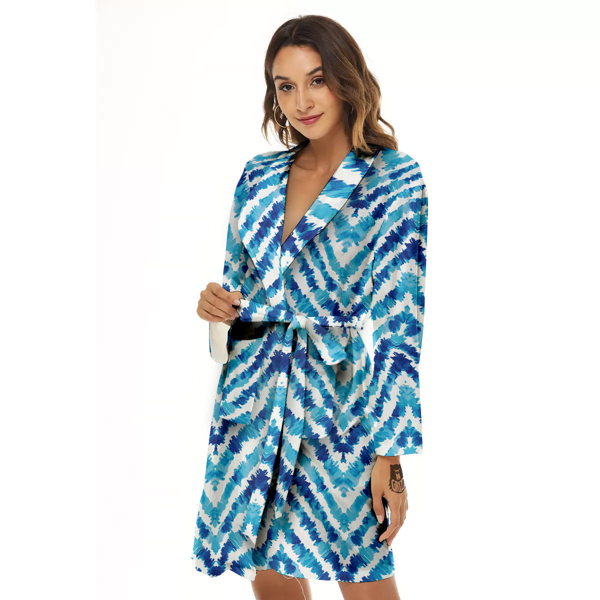 Watercolor Blue Zigzag Print Pattern Women's Robe-grizzshop