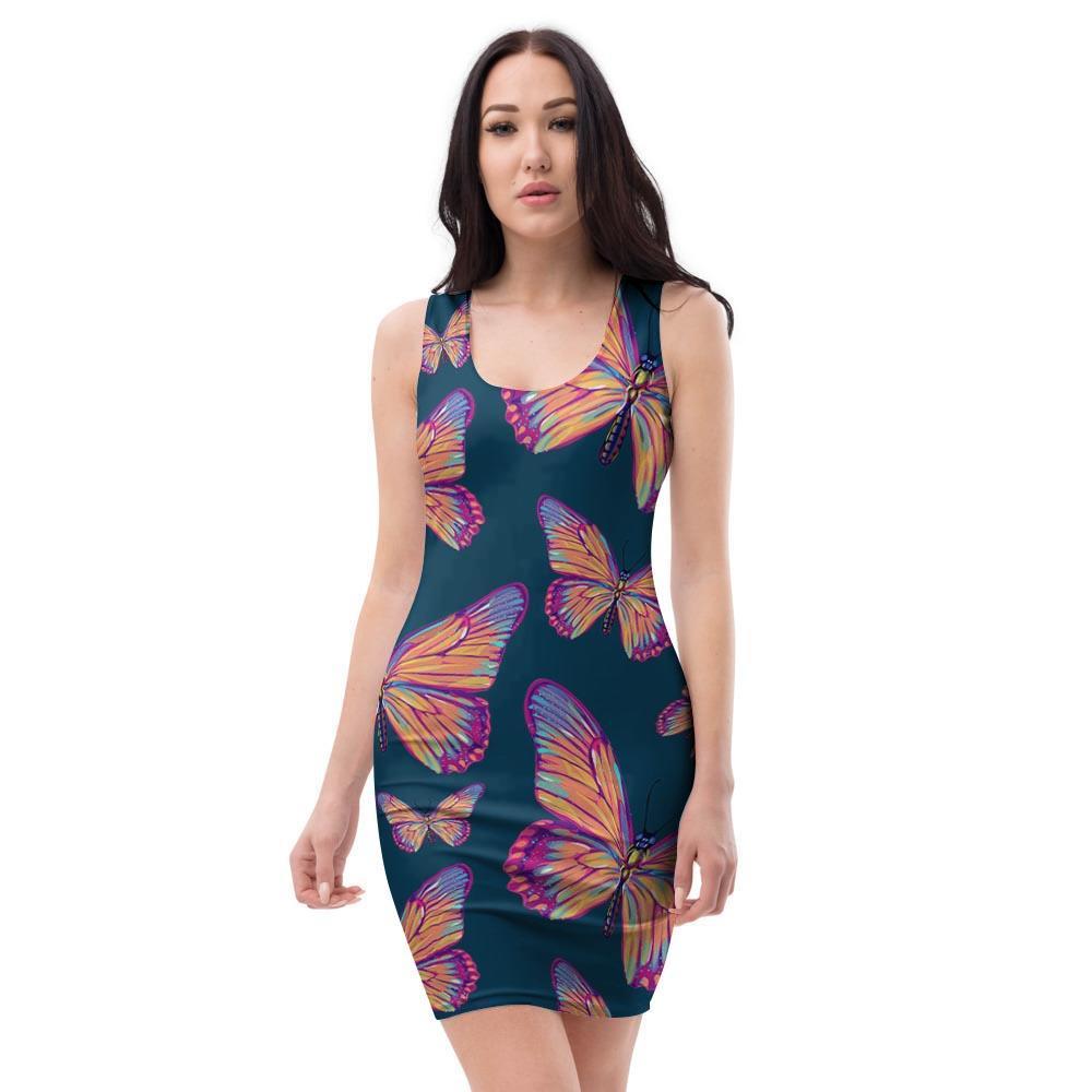 Watercolor Butterfly Print Bodycon Dress-grizzshop