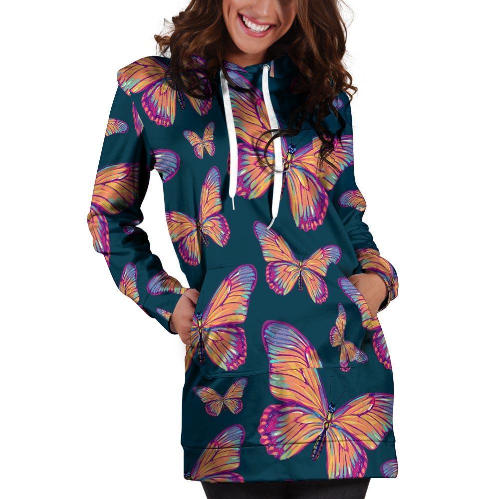 Watercolor Butterfly Print Hoodie Dress-grizzshop