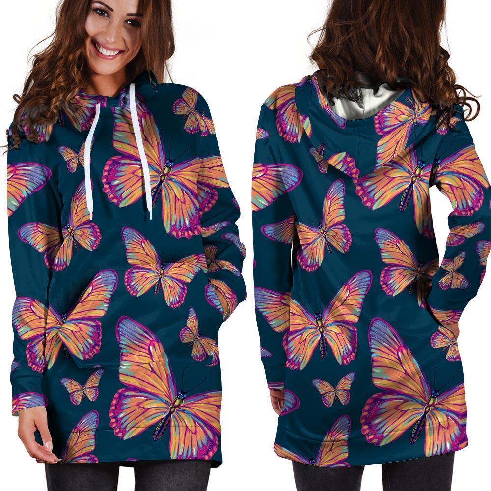 Watercolor Butterfly Print Hoodie Dress-grizzshop
