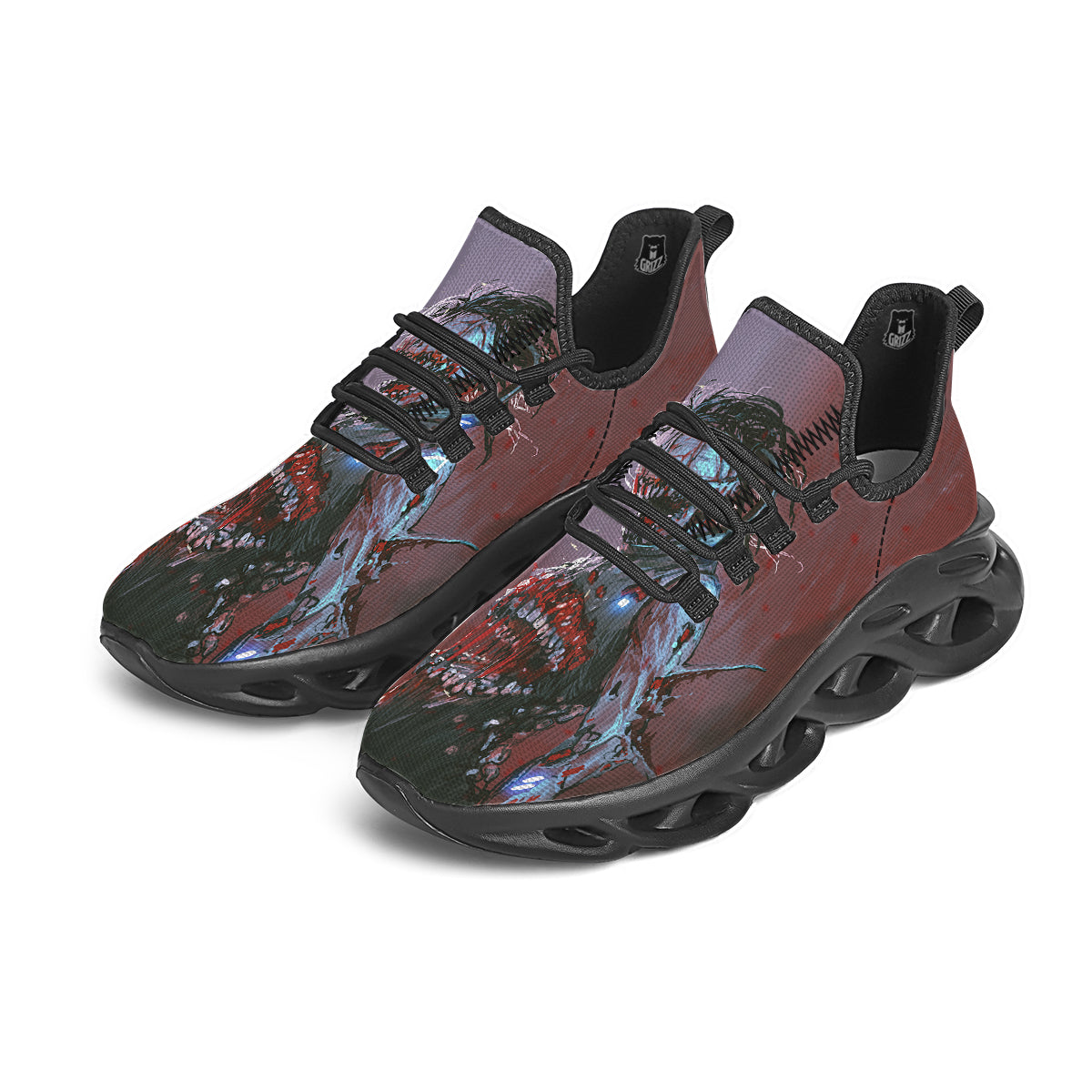 Watercolor Creepy Monsters Open Mouth Print Black Running Shoes-grizzshop