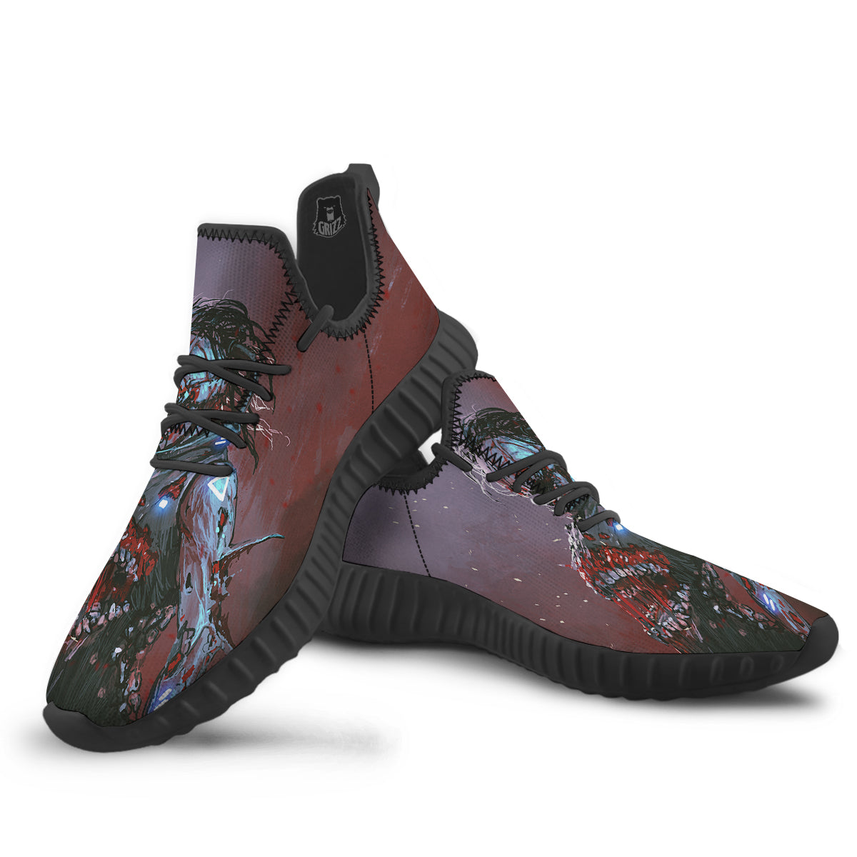 Watercolor Creepy Monsters Open Mouth Print Black Walking Shoes-grizzshop