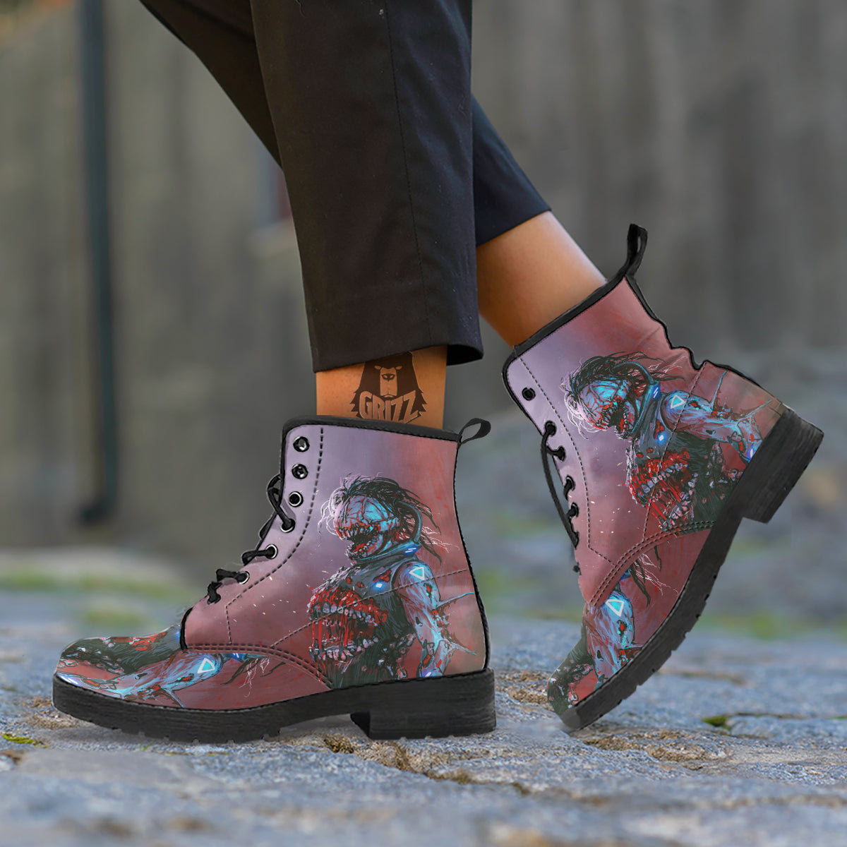 Watercolor Creepy Monsters Open Mouth Print Leather Boots-grizzshop