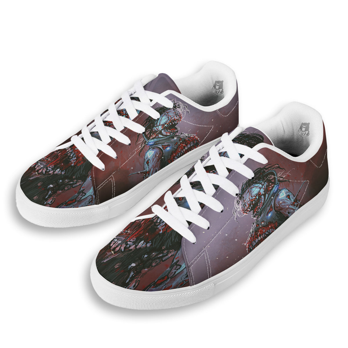 Watercolor Creepy Monsters Open Mouth Print White Low Top Sneakers-grizzshop