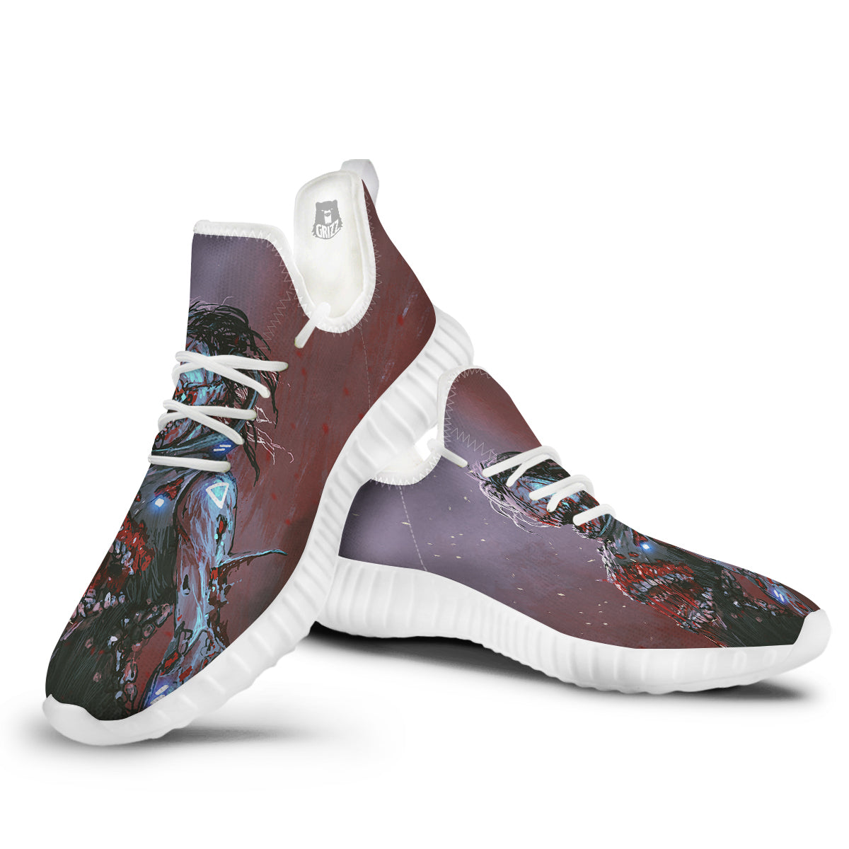 Watercolor Creepy Monsters Open Mouth Print White Walking Shoes-grizzshop