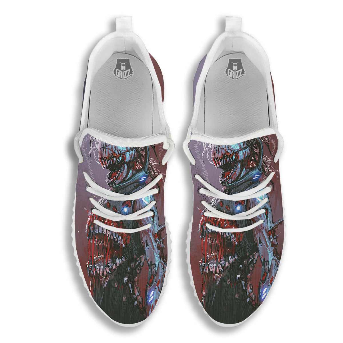 Watercolor Creepy Monsters Open Mouth Print White Walking Shoes-grizzshop
