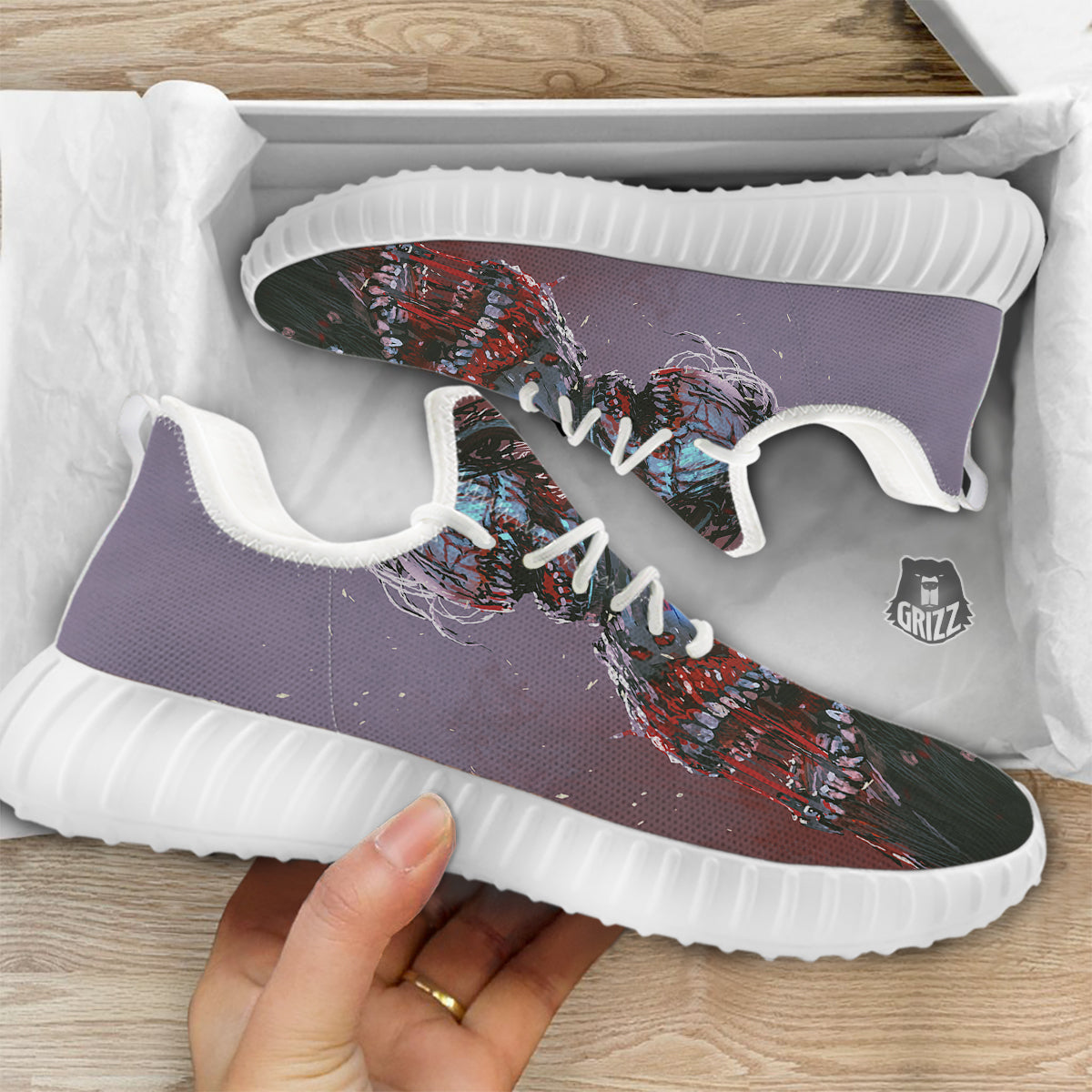 Watercolor Creepy Monsters Open Mouth Print White Walking Shoes-grizzshop