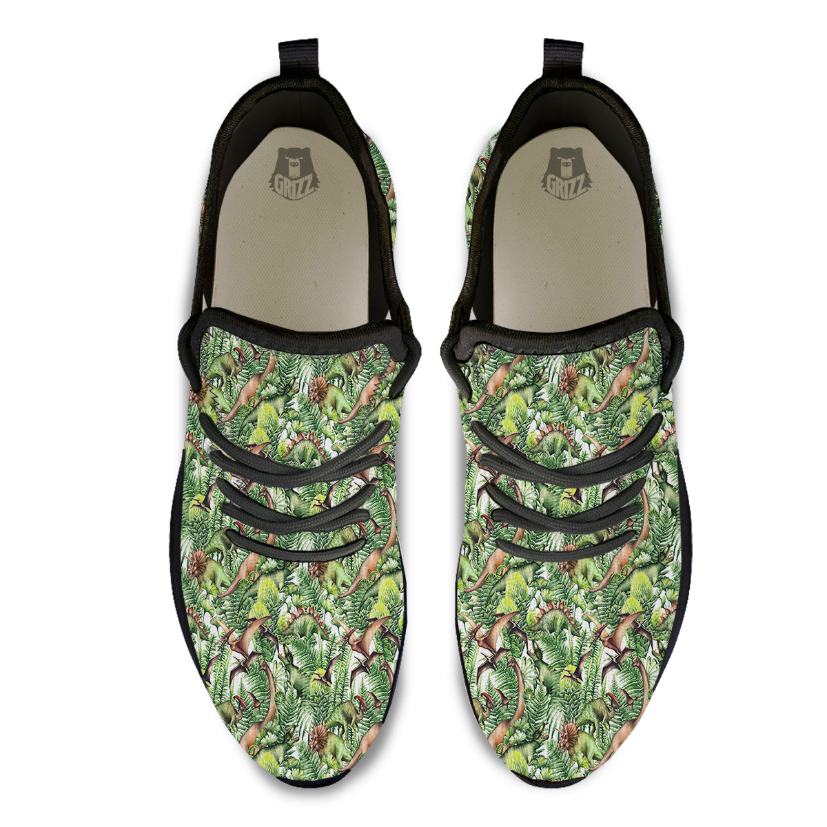Watercolor Dinosaurs Plants Print Pattern Black Athletic Shoes-grizzshop