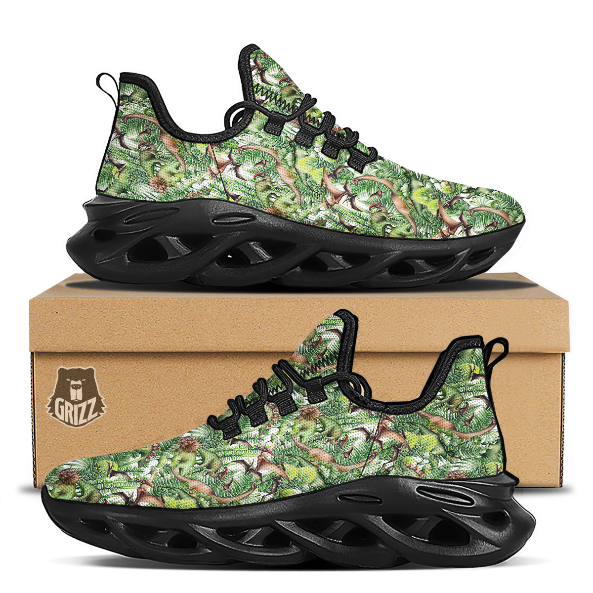 Watercolor Dinosaurs Plants Print Pattern Black Running Shoes-grizzshop