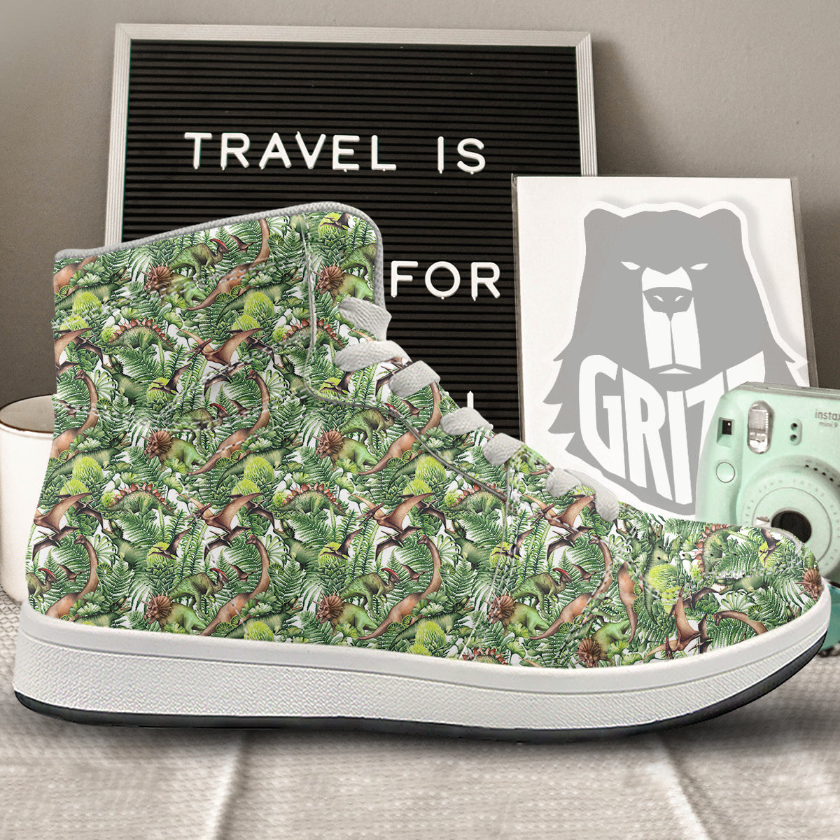 Watercolor Dinosaurs Plants Print Pattern High Top Sneakers-grizzshop