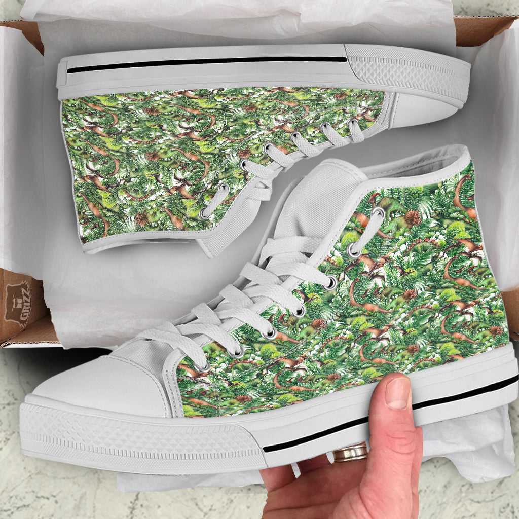 Watercolor Dinosaurs Plants Print Pattern White High Top Shoes-grizzshop