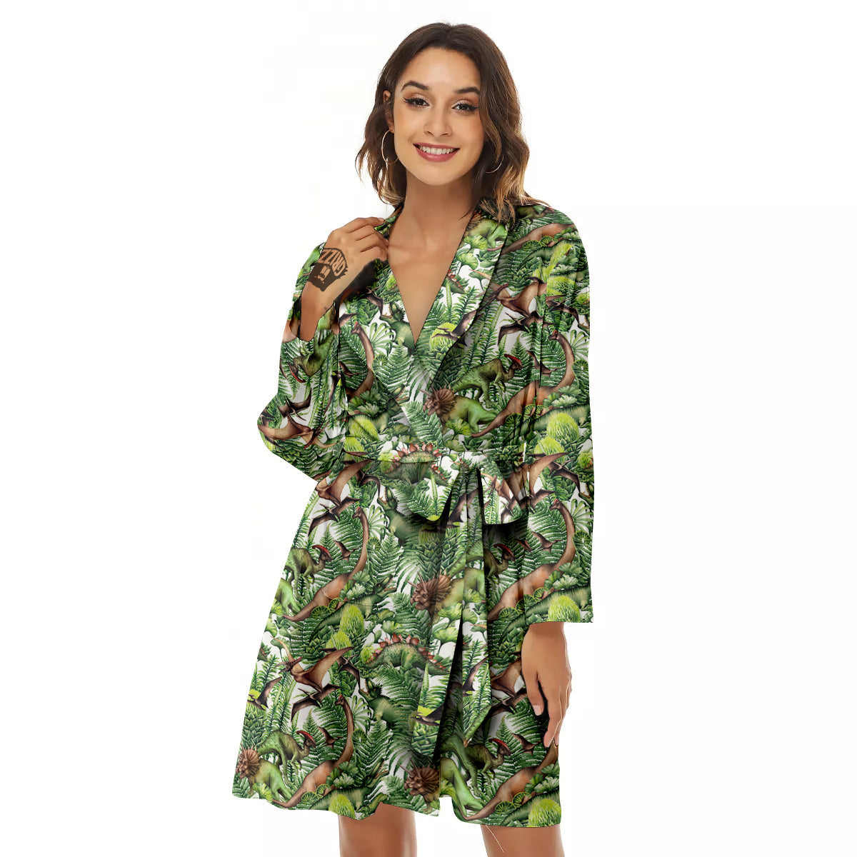 Watercolor Dinosaurs Plants Print Pattern Women's Robe-grizzshop