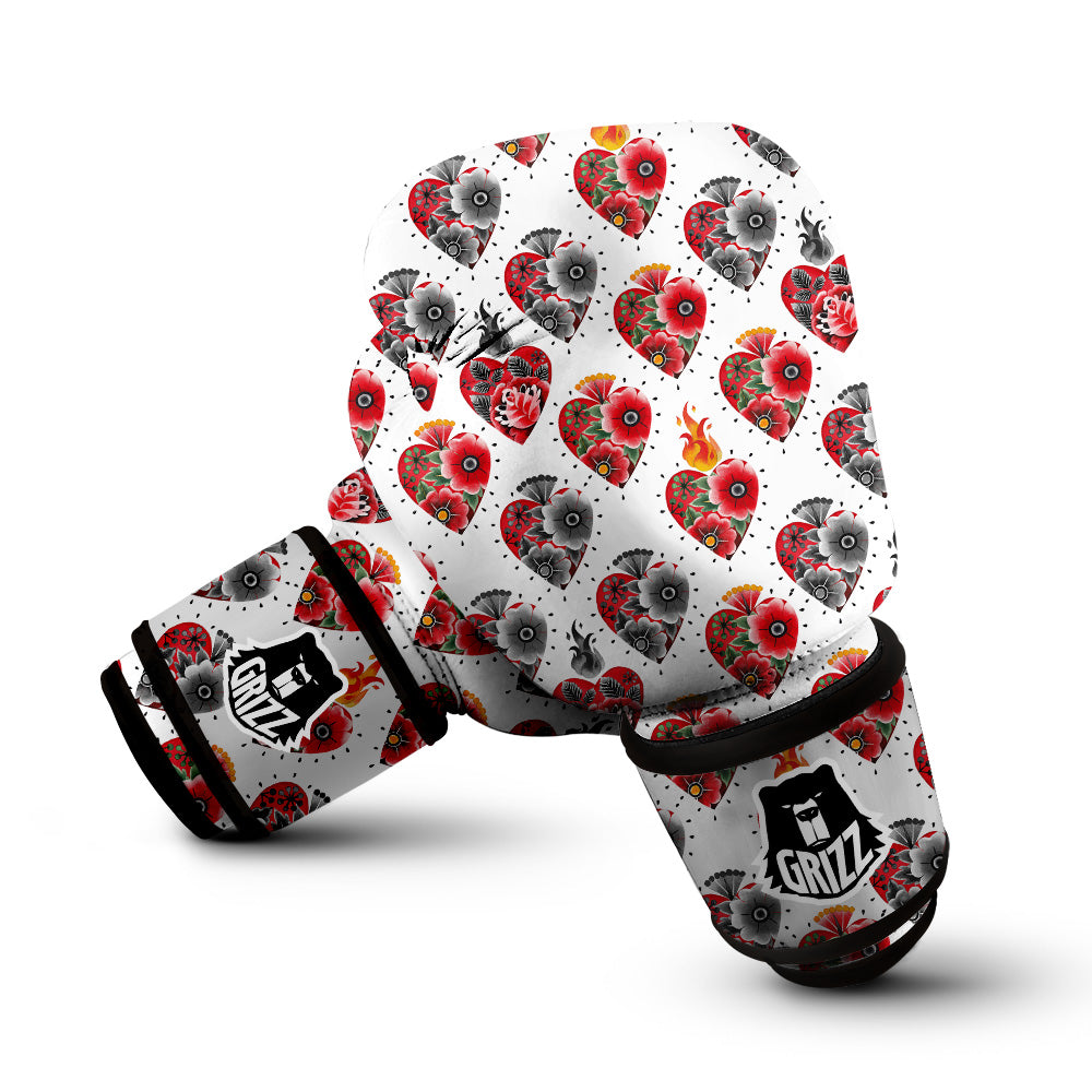 Watercolor Flaming Heart Tattoo Print Pattern Boxing Gloves-grizzshop