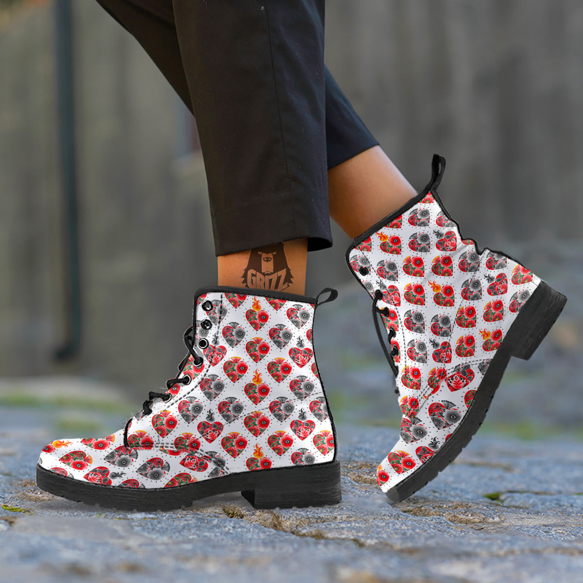 Watercolor Flaming Heart Tattoo Print Pattern Leather Boots-grizzshop
