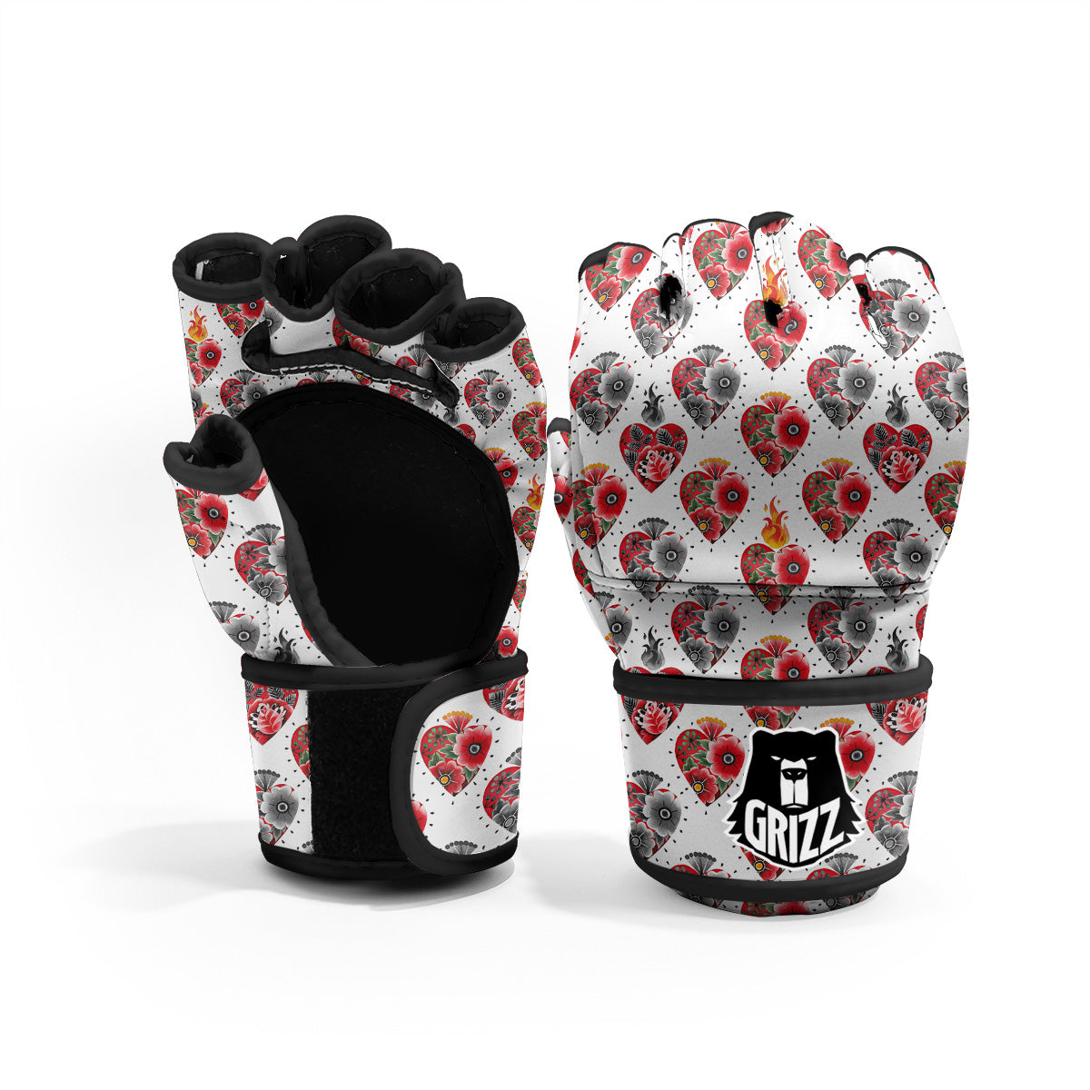 Watercolor Flaming Heart Tattoo Print Pattern MMA Gloves-grizzshop