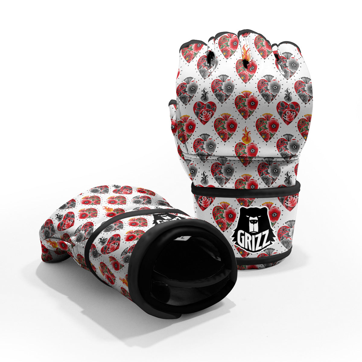 Watercolor Flaming Heart Tattoo Print Pattern MMA Gloves-grizzshop