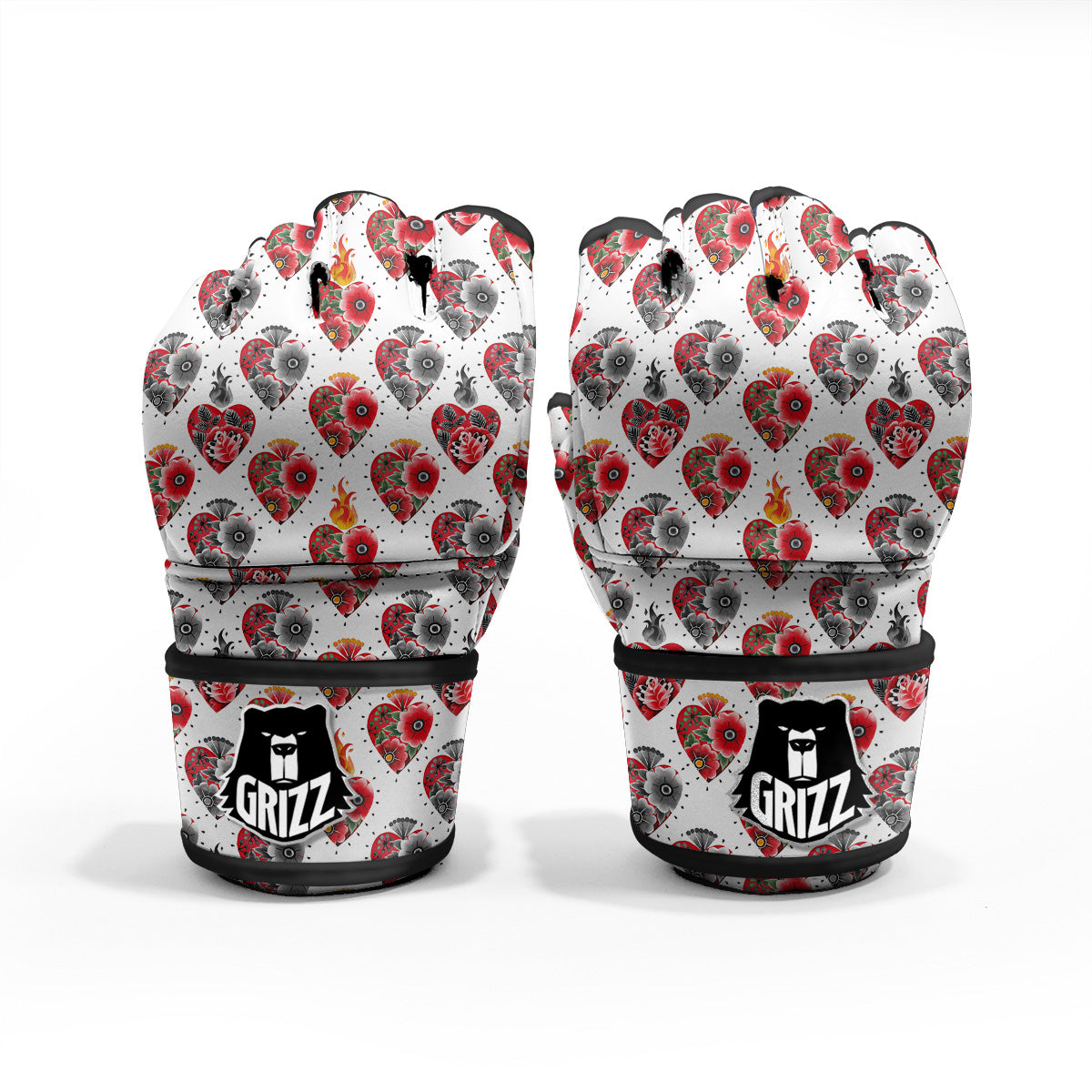 Watercolor Flaming Heart Tattoo Print Pattern MMA Gloves-grizzshop