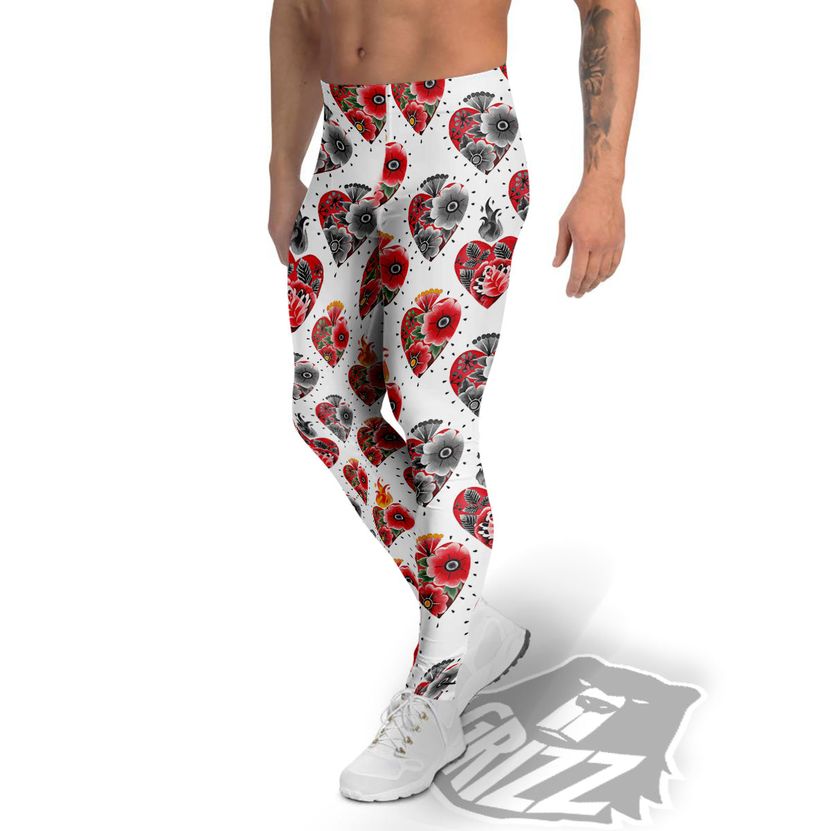 Watercolor Flaming Heart Tattoo Print Pattern Men's Leggings-grizzshop