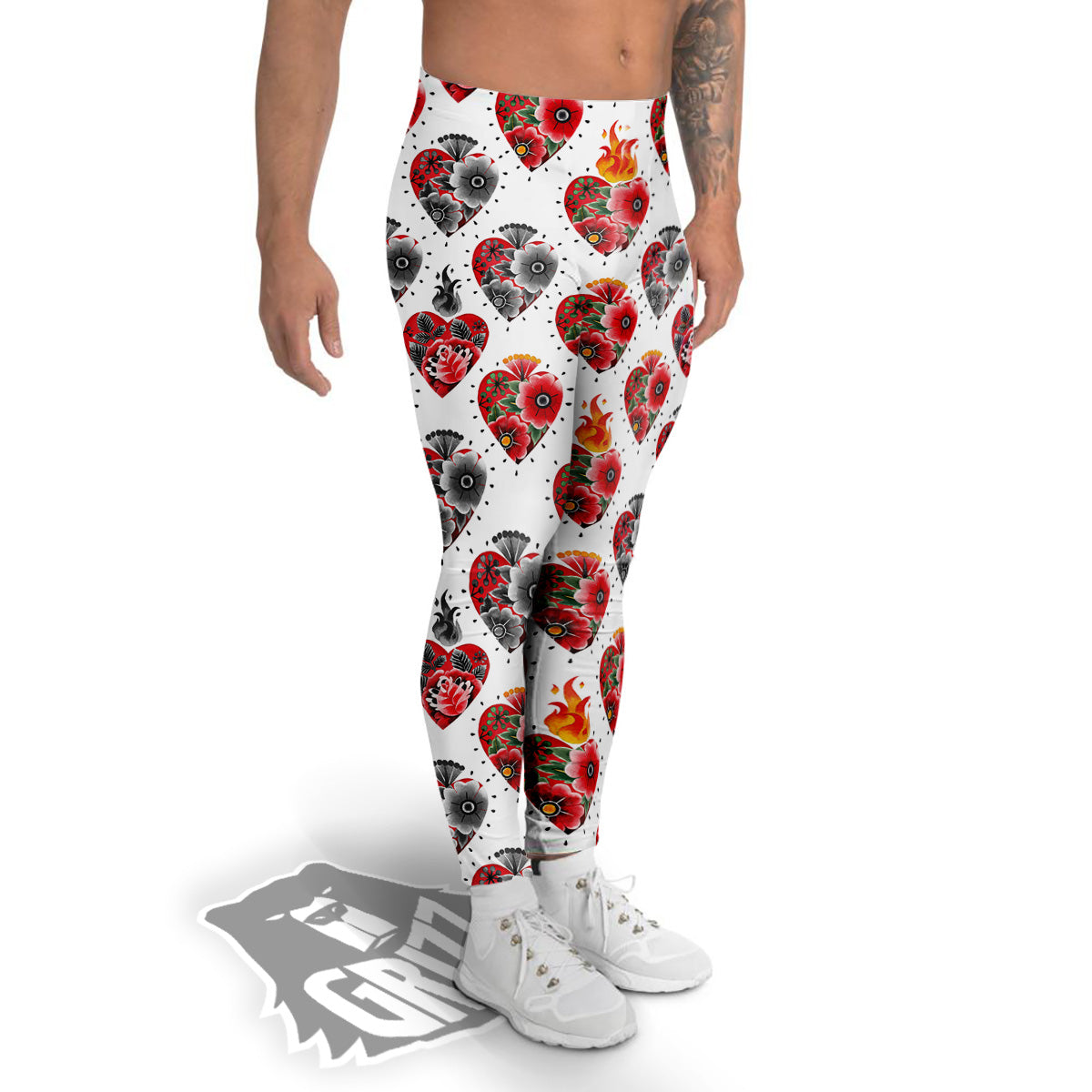 Watercolor Flaming Heart Tattoo Print Pattern Men's Leggings-grizzshop