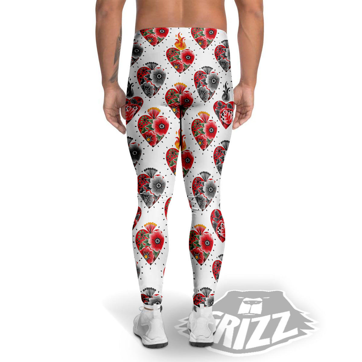 Watercolor Flaming Heart Tattoo Print Pattern Men's Leggings-grizzshop