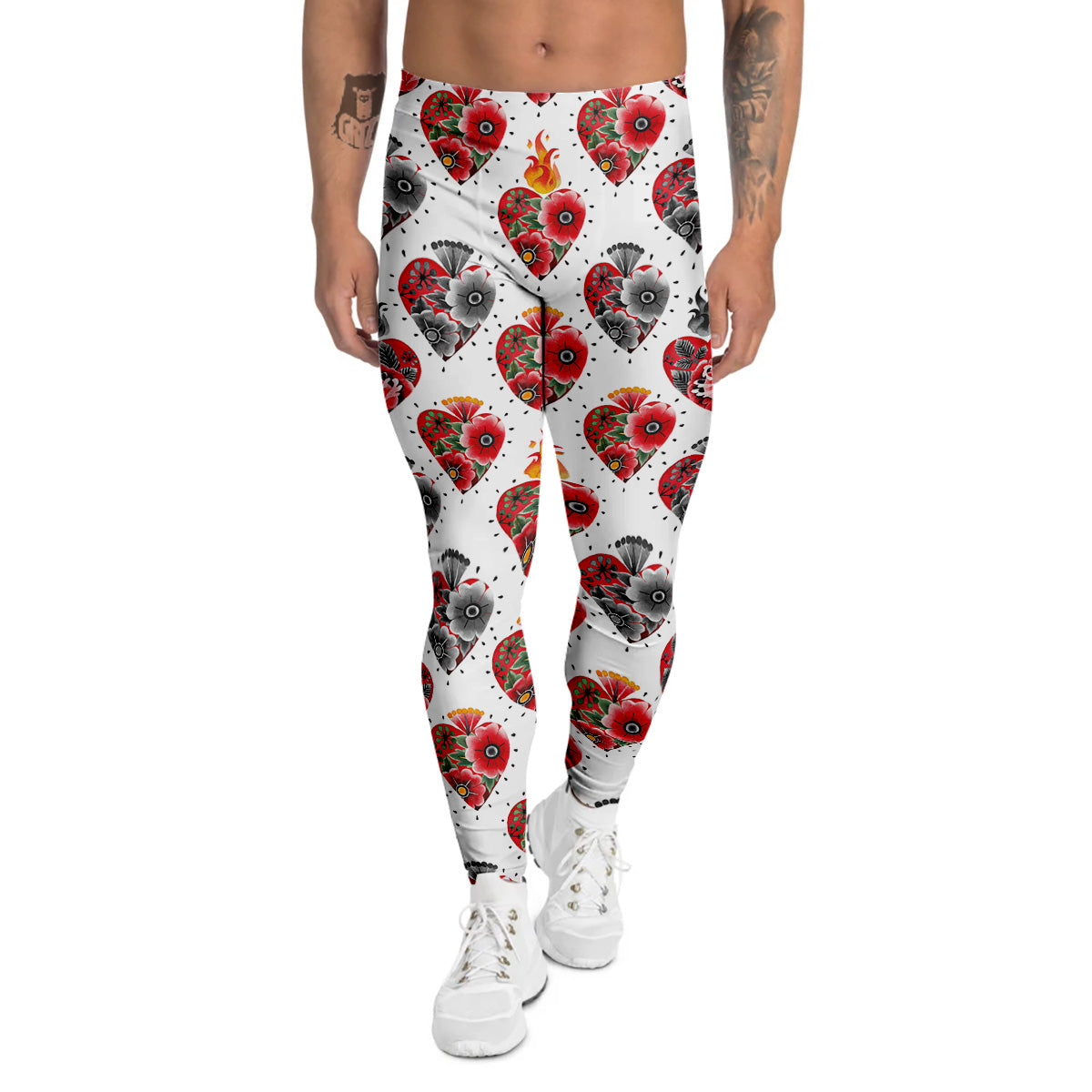 Watercolor Flaming Heart Tattoo Print Pattern Men's Leggings-grizzshop