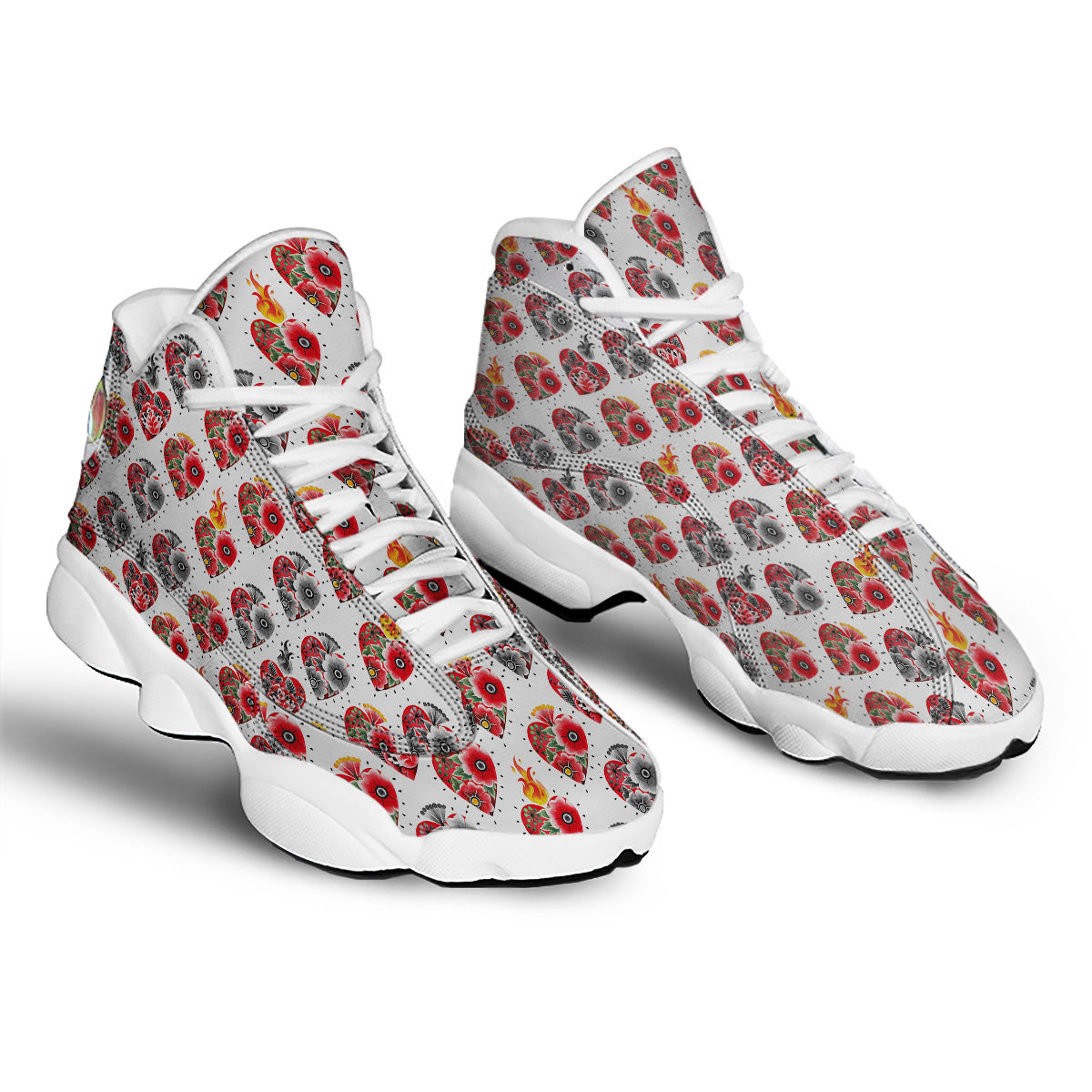 Watercolor Flaming Heart Tattoo Print Pattern White Basketball Shoes-grizzshop