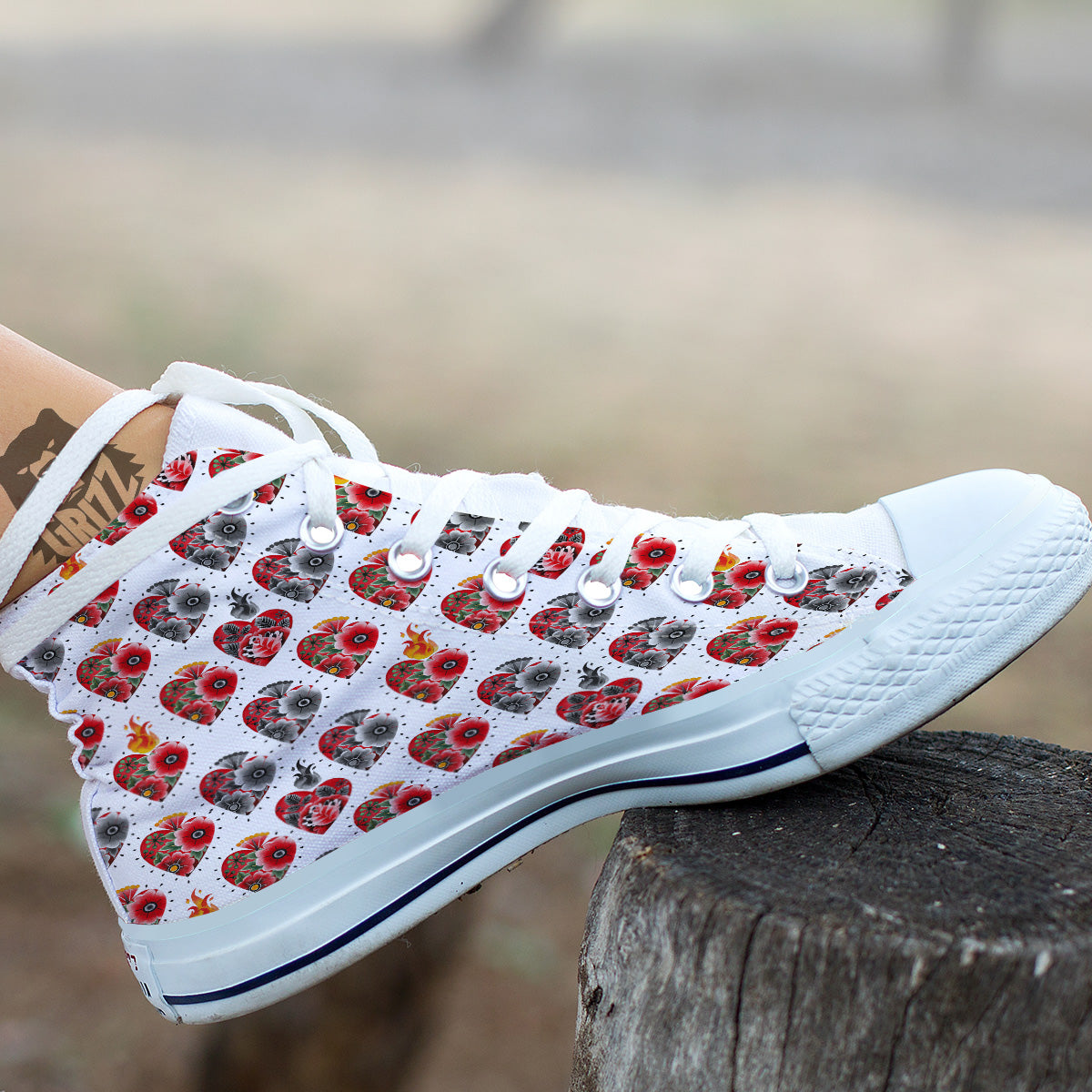 Watercolor Flaming Heart Tattoo Print Pattern White High Top Shoes-grizzshop
