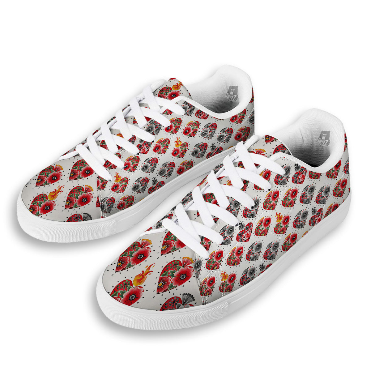 Watercolor Flaming Heart Tattoo Print Pattern White Low Top Sneakers-grizzshop