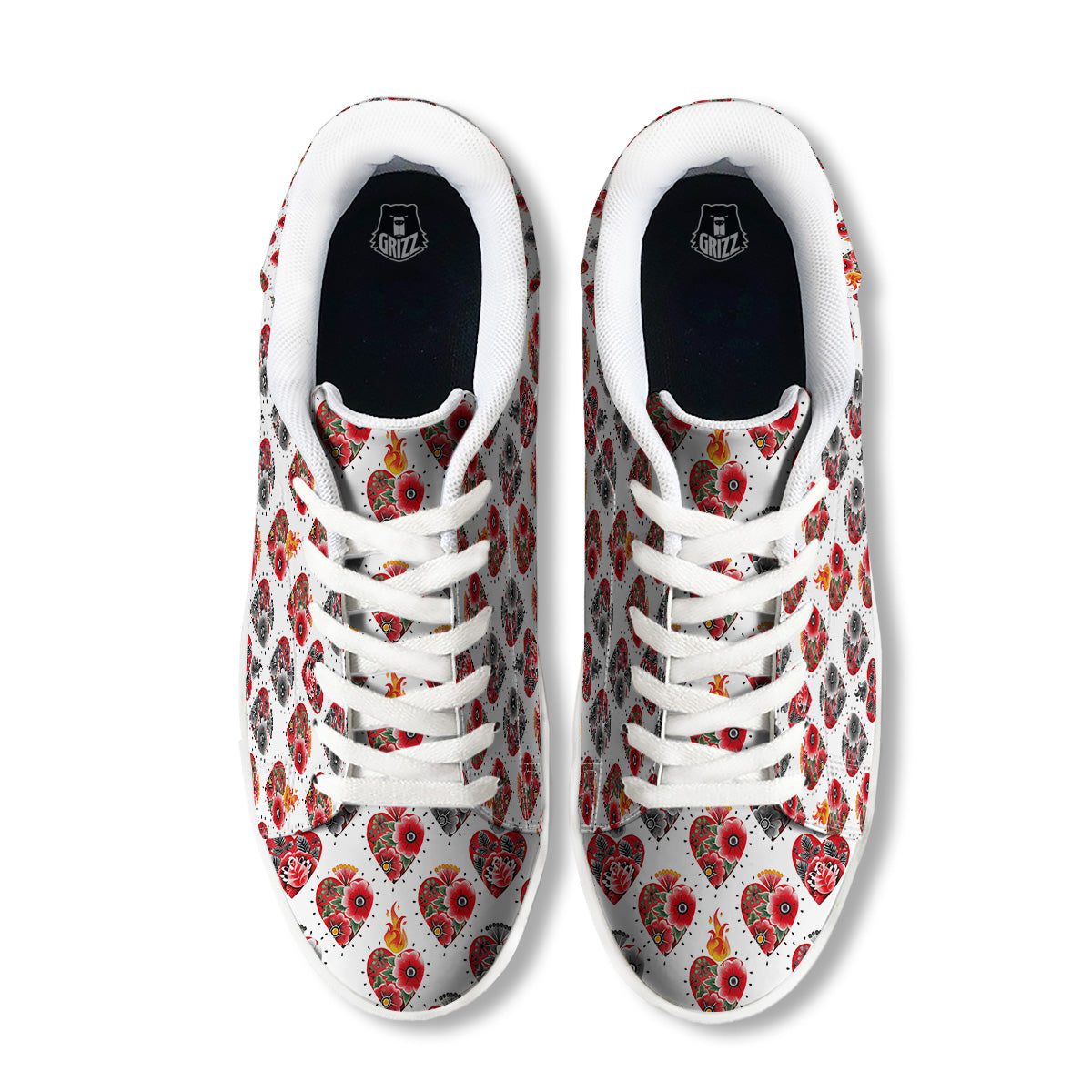 Watercolor Flaming Heart Tattoo Print Pattern White Low Top Sneakers-grizzshop