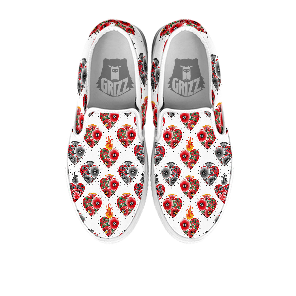 Watercolor Flaming Heart Tattoo Print Pattern White Slip On Shoes-grizzshop