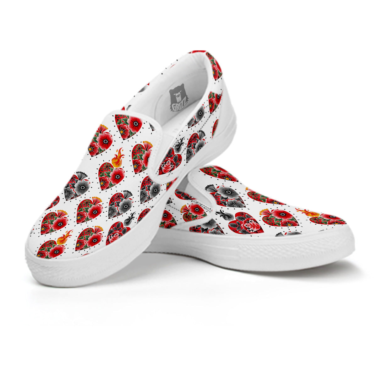 Watercolor Flaming Heart Tattoo Print Pattern White Slip On Shoes-grizzshop