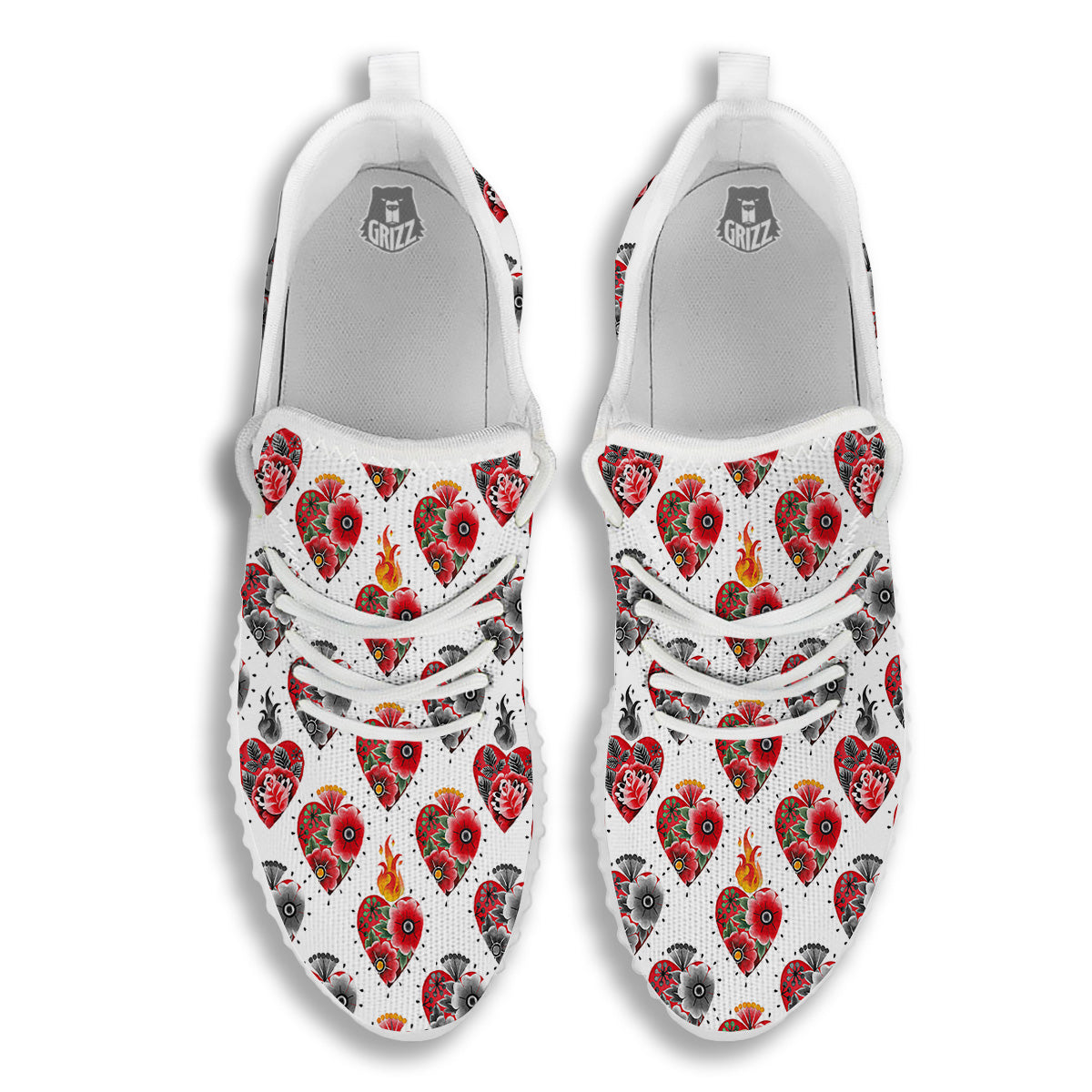 Watercolor Flaming Heart Tattoo Print Pattern White Walking Shoes-grizzshop