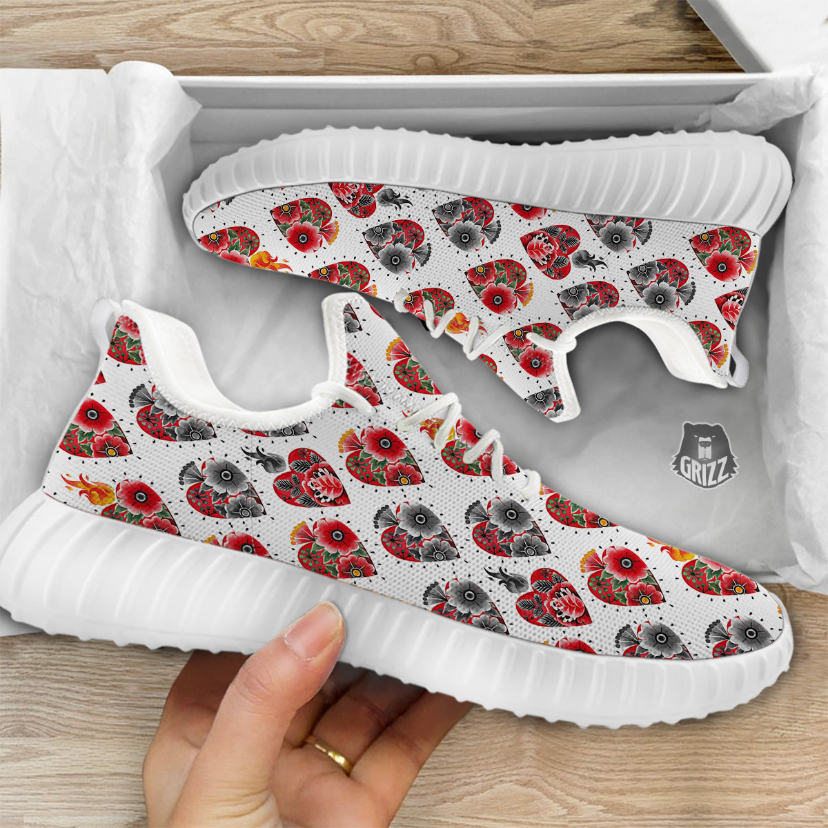 Watercolor Flaming Heart Tattoo Print Pattern White Walking Shoes-grizzshop