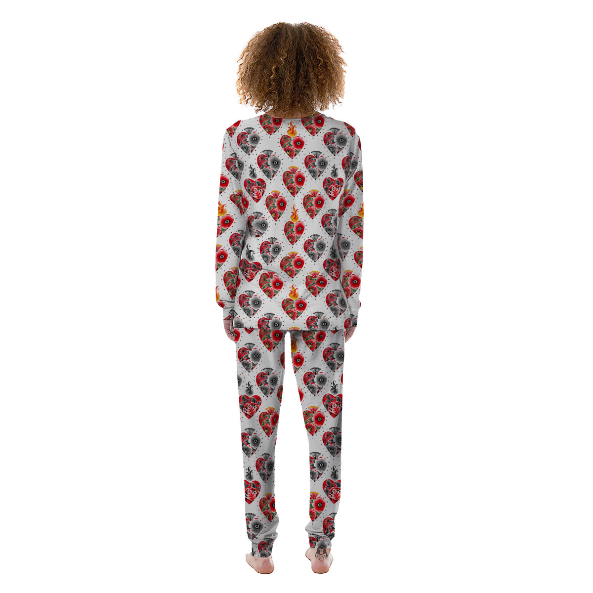 Watercolor Flaming Heart Tattoo Print Pattern Women's Pajamas-grizzshop